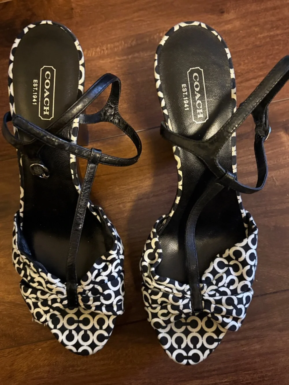 Coach Black & White Signature Platform T-Strap Sandals